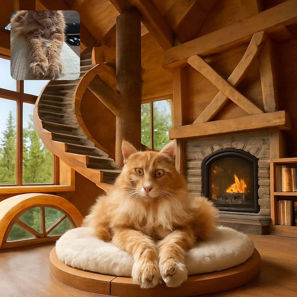 A majestic fluffy orange cat stretches out its paws on a light-colored surface, looking relaxed and slightly sleepy in a cozy indoor setting with a kitchen background.