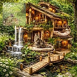 A fluffy cat is chilling among potted plants and wildflowers in a lush garden, looking curiously off to the side while surrounded by vibrant greenery and soft natural light.
