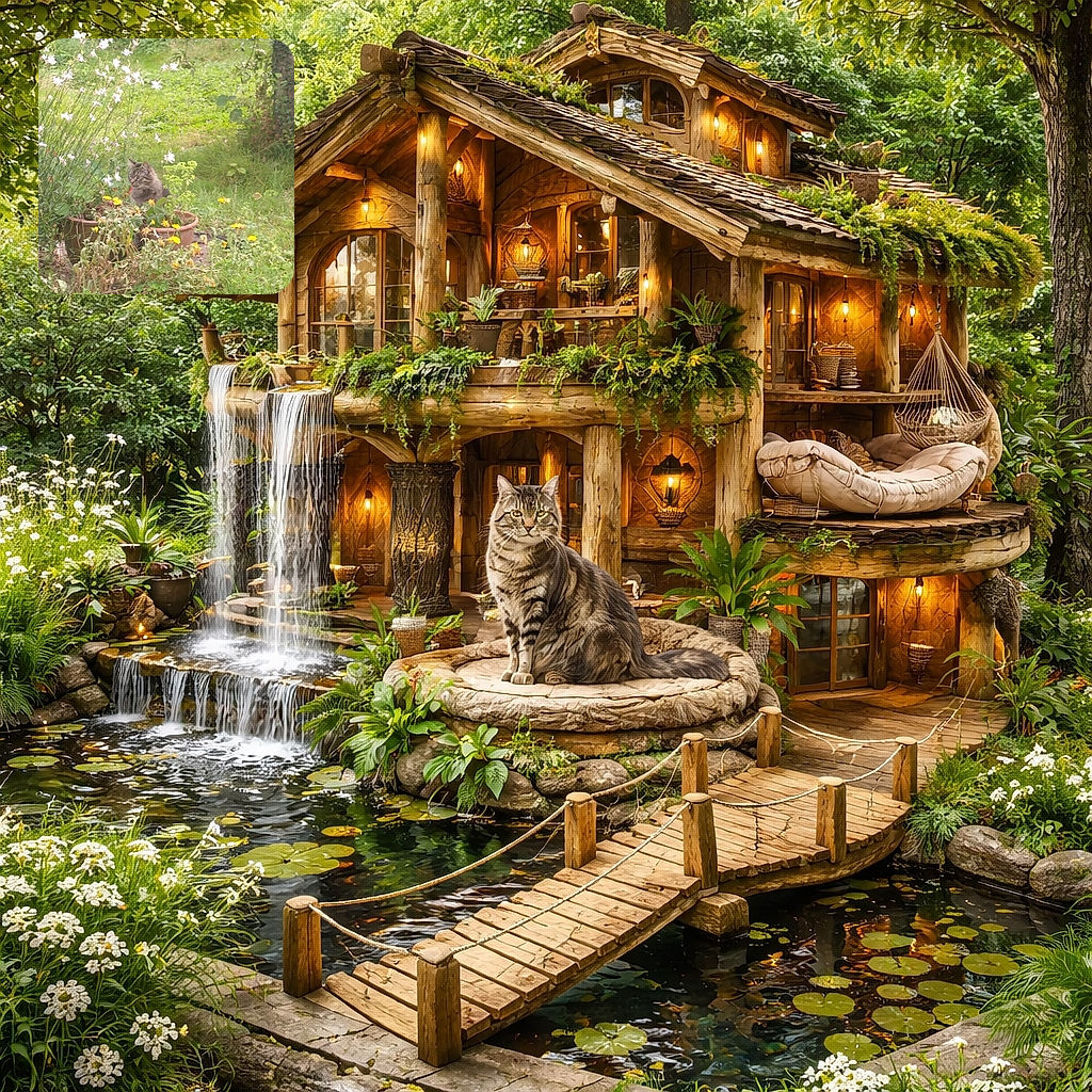 A fluffy cat is chilling among potted plants and wildflowers in a lush garden, looking curiously off to the side while surrounded by vibrant greenery and soft natural light.