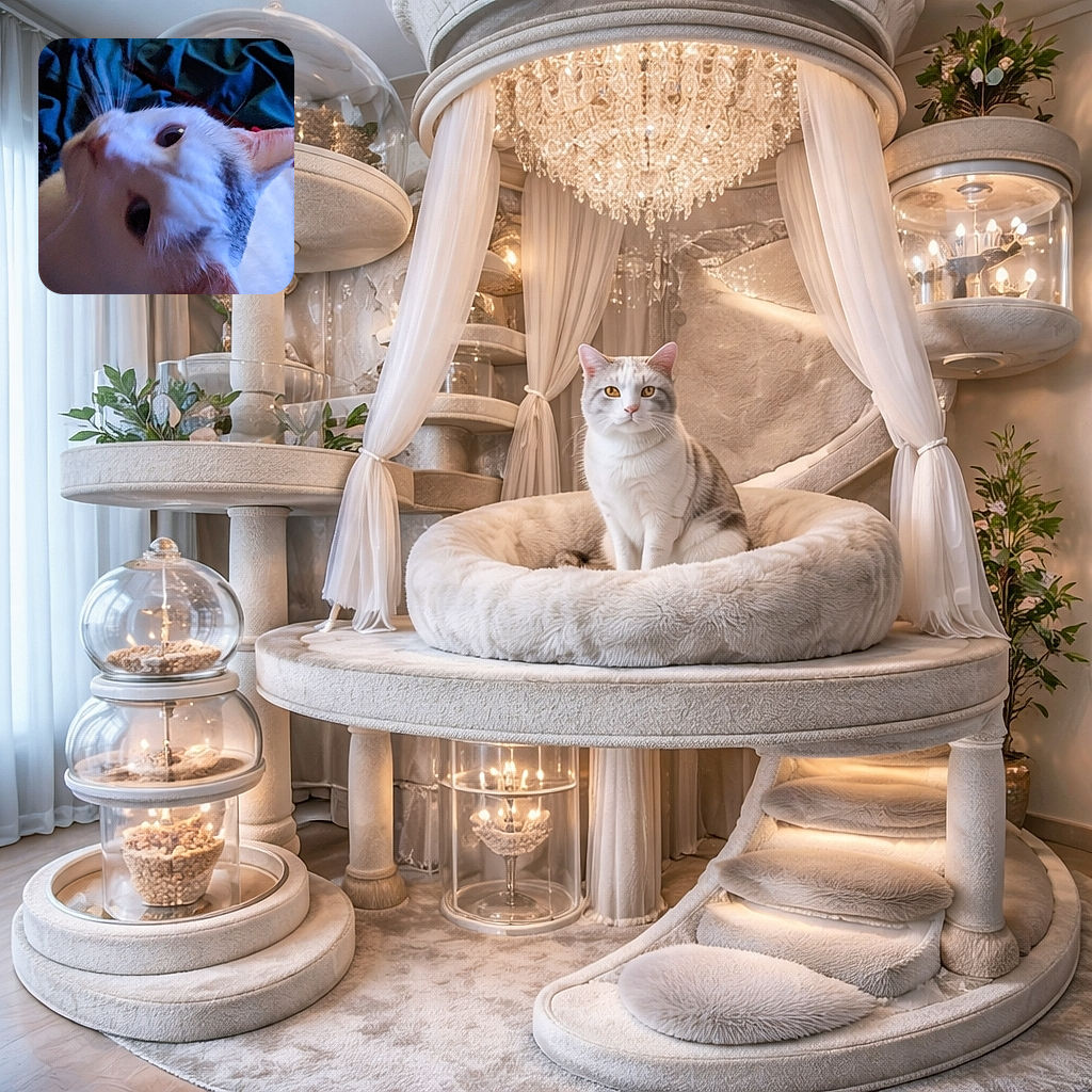 An upside-down close-up of a white cat peering with enormous pupils under moody blue light — whiskers on full display and a slightly soft-focus, mischievous 'what are you doing?' expression.