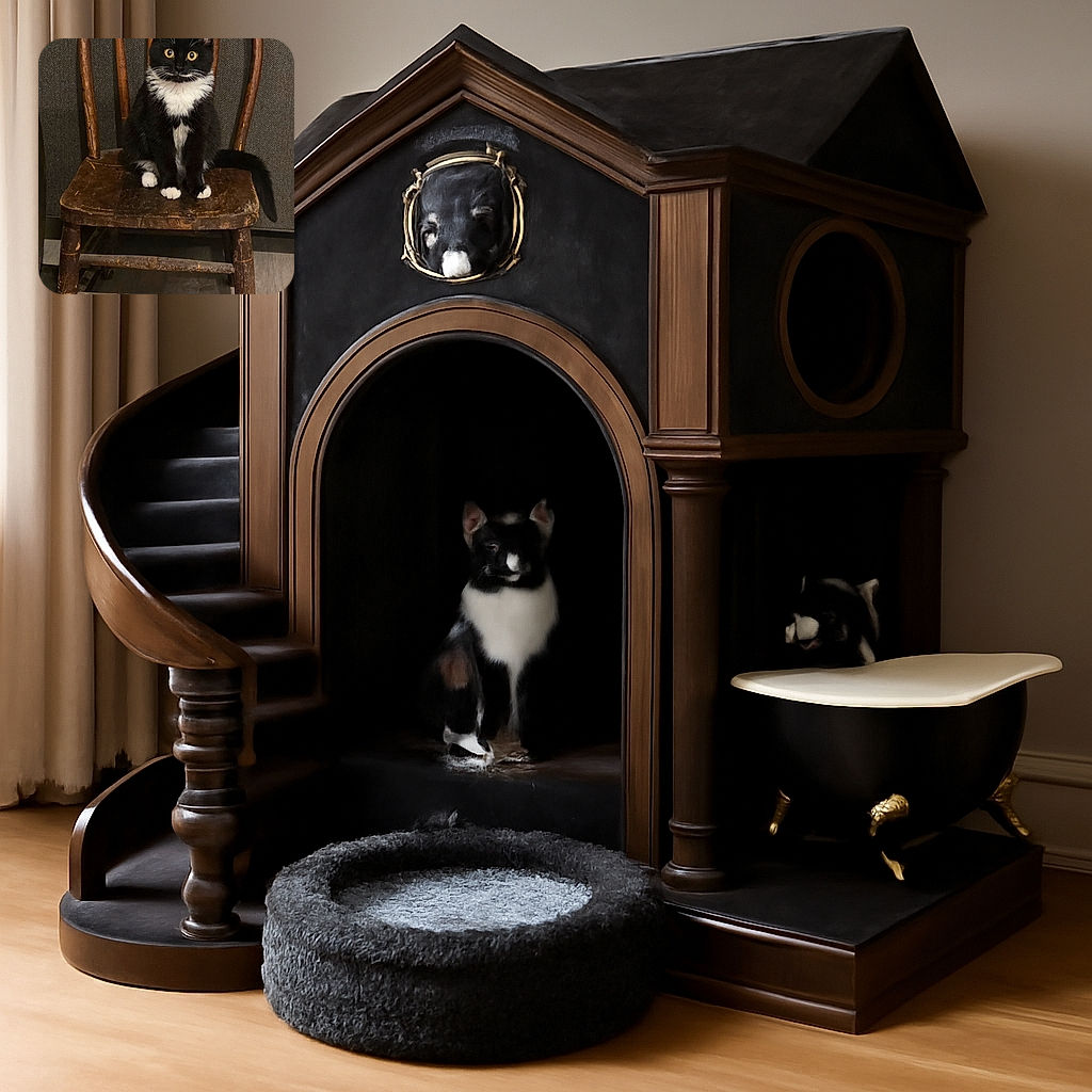 A striking black and white tuxedo cat with wide, curious eyes sits proudly on an old, rustic wooden chair, looking like the ruler of the vintage furniture kingdom.