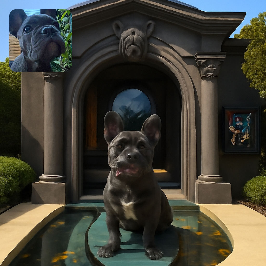 A close-up shot of a curious French Bulldog with large ears perked up, set against a garden backdrop with greenery and a wooden fence, captured in soft natural light during early evening.