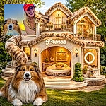 A sunlit selfie: a smiling woman in a red cap and her ridiculously photogenic Shetland sheepdog steal the golden hour — the dog poses like a dignified floof while the human beams beside it, both clearly winning at sunset selfies.