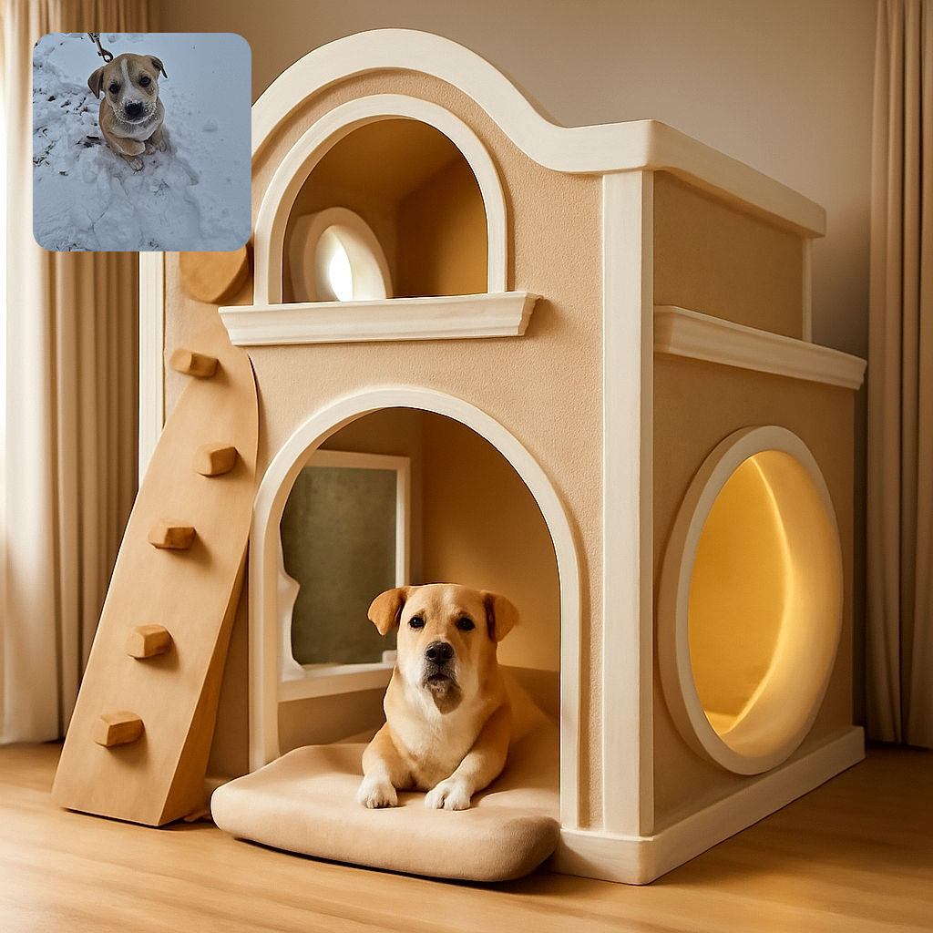 A cute puppy with a blue leash sits in the snow, its nose dusted with snowflakes, looking up with big, soulful eyes as if asking for a warm hug.