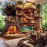 A close-up shot of a fluffy tabby cat yawning widely, showing off its sharp teeth and pink tongue with an amusingly exaggerated perspective that makes the cat look like a tiny roaring beast.