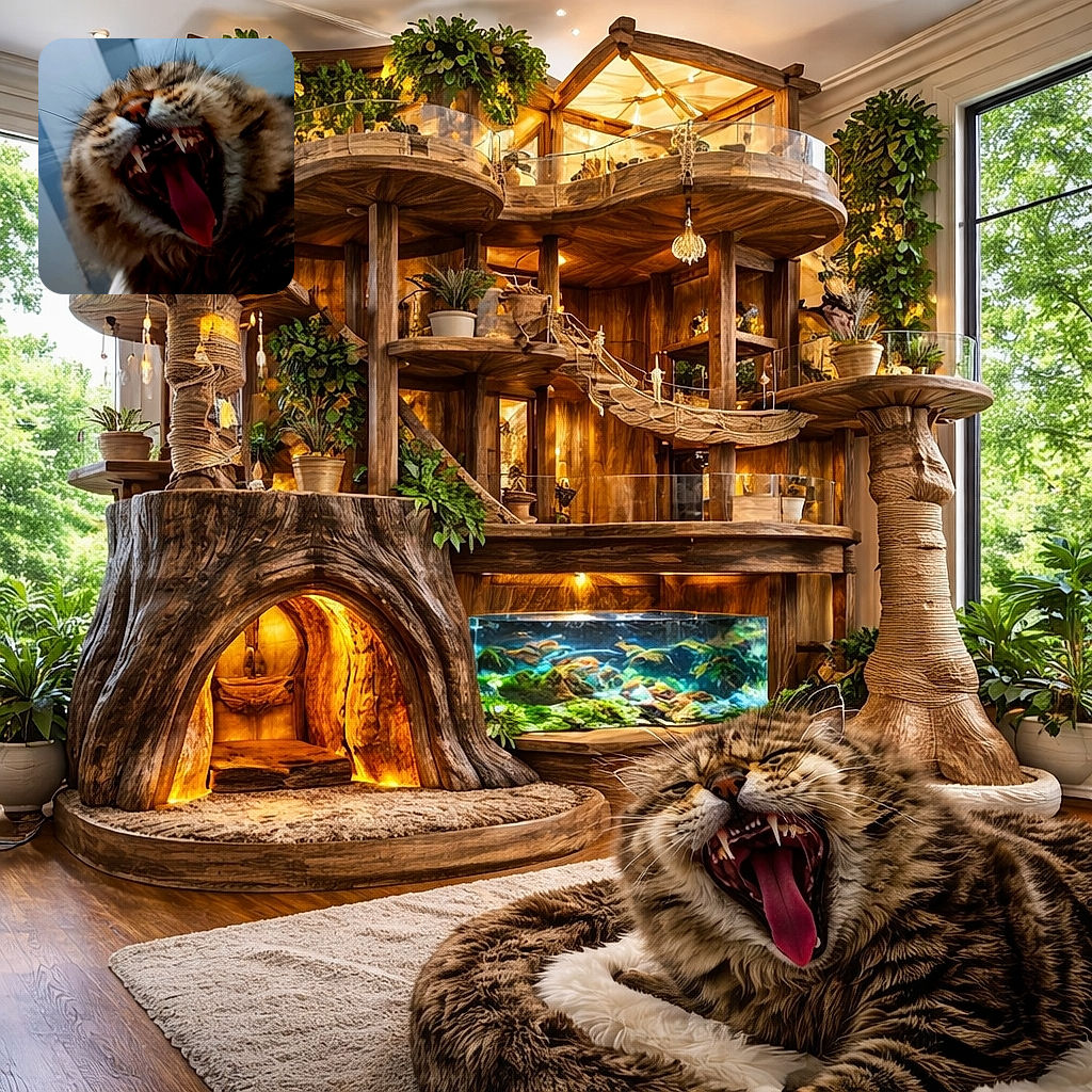 A close-up shot of a fluffy tabby cat yawning widely, showing off its sharp teeth and pink tongue with an amusingly exaggerated perspective that makes the cat look like a tiny roaring beast.