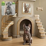 A cute French Bulldog puppy with a shiny chain collar leans adorably on a car door, squinting with a slightly grumpy but lovable expression, backed by a sunny garden scene.