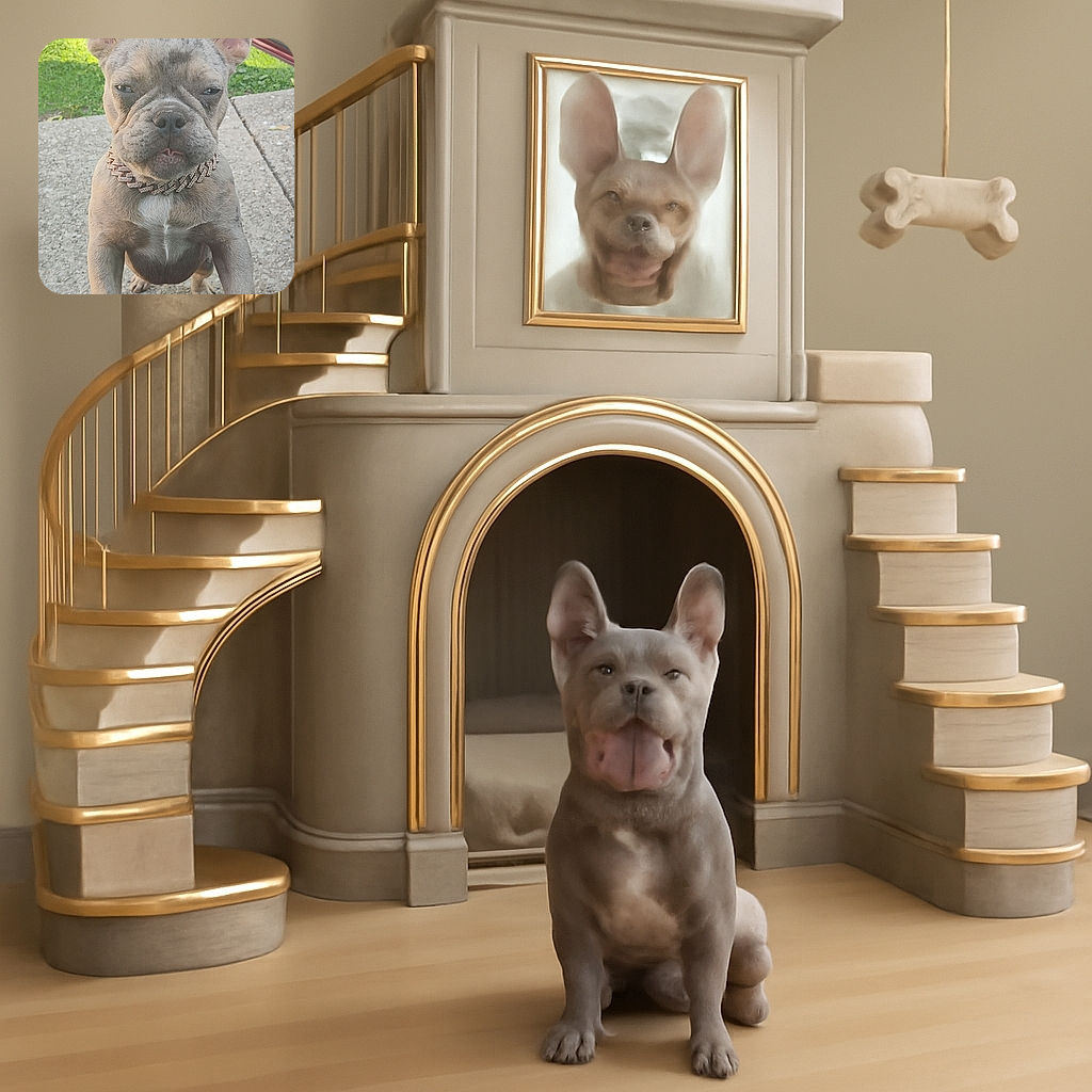 A cute French Bulldog puppy with a shiny chain collar leans adorably on a car door, squinting with a slightly grumpy but lovable expression, backed by a sunny garden scene.