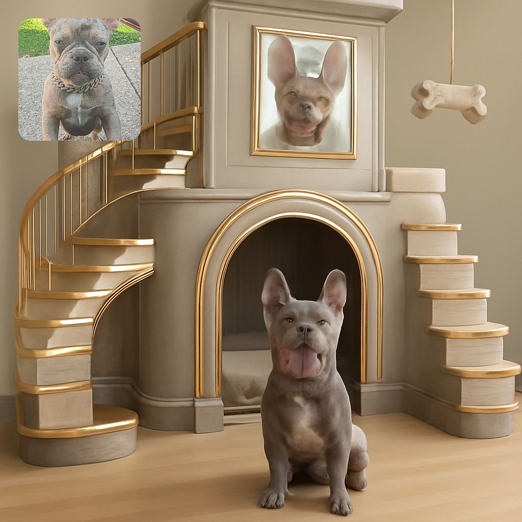 A cute French Bulldog puppy with a shiny chain collar leans adorably on a car door, squinting with a slightly grumpy but lovable expression, backed by a sunny garden scene.