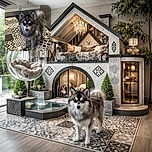 A fluffy, alert dog with a striking black and white face stands on a beautifully patterned black and white tiled kitchen floor, looking curiously at the camera with big, expressive eyes.