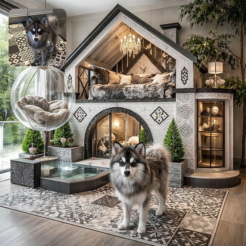 A fluffy, alert dog with a striking black and white face stands on a beautifully patterned black and white tiled kitchen floor, looking curiously at the camera with big, expressive eyes.