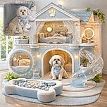 A fluffy small dog wearing a colorful bandana with bones and paw prints sits obediently on a wooden floor next to a couch and a pair of white sneakers, looking curiously at the camera with glowing eyes.