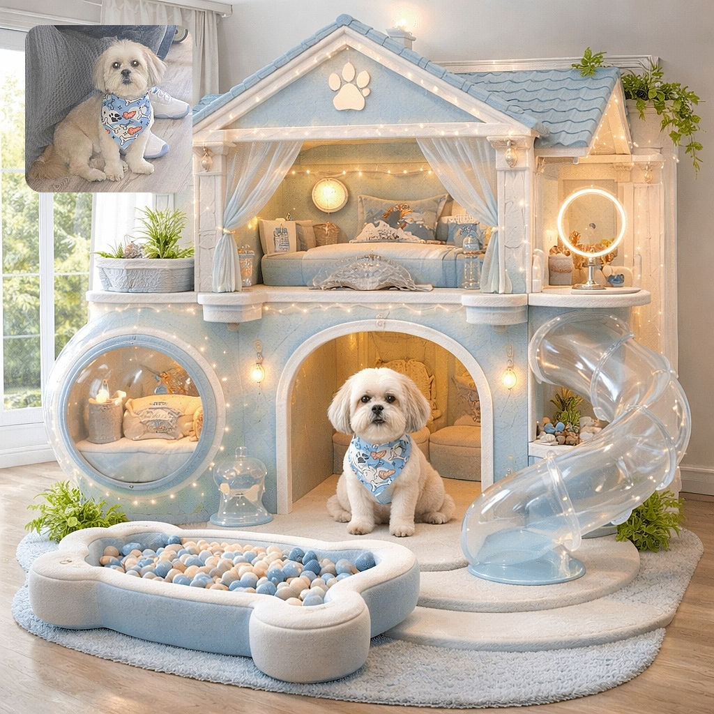 A fluffy small dog wearing a colorful bandana with bones and paw prints sits obediently on a wooden floor next to a couch and a pair of white sneakers, looking curiously at the camera with glowing eyes.