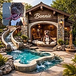 A goofy dog with a huge tongue hanging out looks like it's caught mid-laugh on a sunny sidewalk, with the name 'Bonnie' scribbled in bright red above, adding a playful splash of personality.