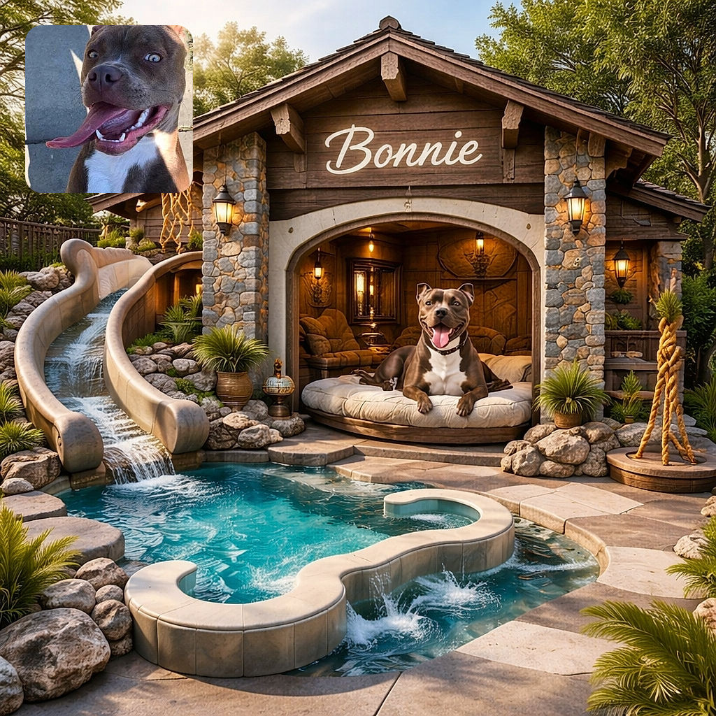 A goofy dog with a huge tongue hanging out looks like it's caught mid-laugh on a sunny sidewalk, with the name 'Bonnie' scribbled in bright red above, adding a playful splash of personality.