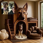 A happy German Shepherd dog sitting in the front seat of a car with its tongue out, looking alert and friendly. A person is partially visible in the corner, smiling, capturing a joyful moment during a car ride. The background shows a sunny day with trees and a building outside the car window.