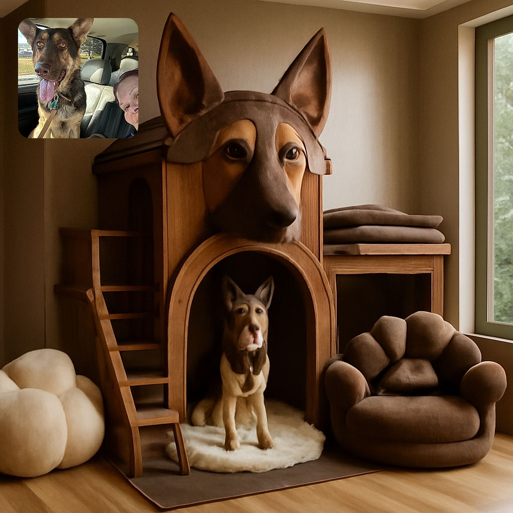 A happy German Shepherd dog sitting in the front seat of a car with its tongue out, looking alert and friendly. A person is partially visible in the corner, smiling, capturing a joyful moment during a car ride. The background shows a sunny day with trees and a building outside the car window.