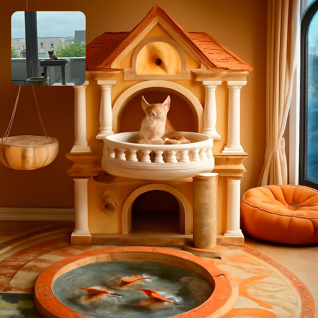 A curious orange and white cat sits perched atop a beige cat tree in front of a large window, with a cloudy cityscape and greenery in the background, looking like the king of its indoor castle.