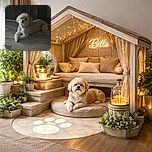 A fluffy light-colored dog lounges on a wooden floor with a calm and slightly curious expression, set against a dark, rustic background that highlights its soft fur.