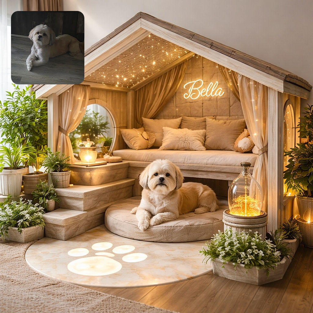 A fluffy light-colored dog lounges on a wooden floor with a calm and slightly curious expression, set against a dark, rustic background that highlights its soft fur.