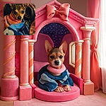 A tiny dog with huge, expressive eyes is cozily wrapped in colorful blankets and a pink sweater, looking like the ultimate snugglers' champion on a textured couch.