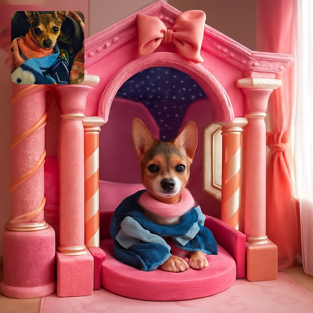 A tiny dog with huge, expressive eyes is cozily wrapped in colorful blankets and a pink sweater, looking like the ultimate snugglers' champion on a textured couch.