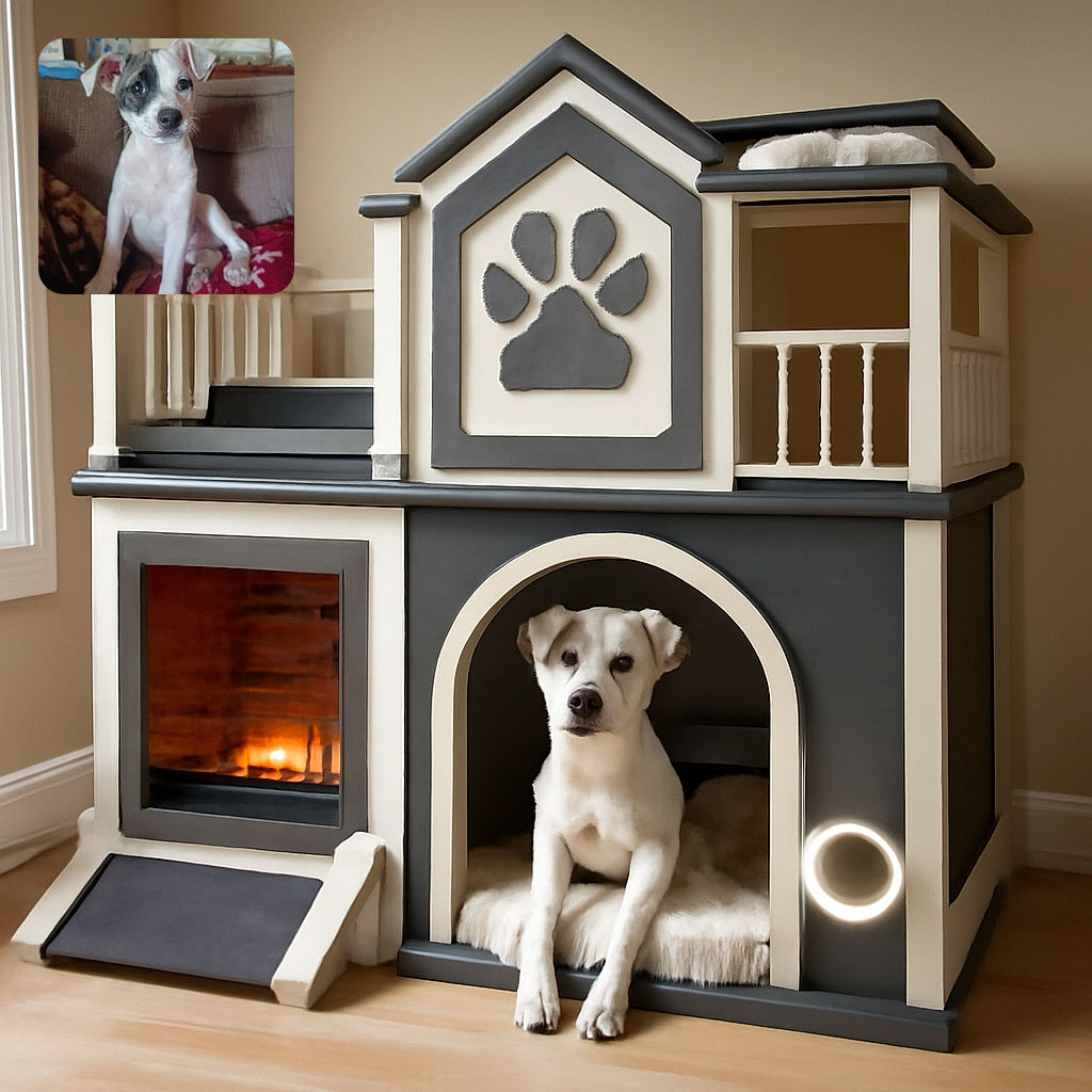 A cute puppy with a black patch over one eye sits on a cozy couch covered with blankets. The background shows some household items slightly out of focus, making the puppy the clear star of this warm, homey snapshot.