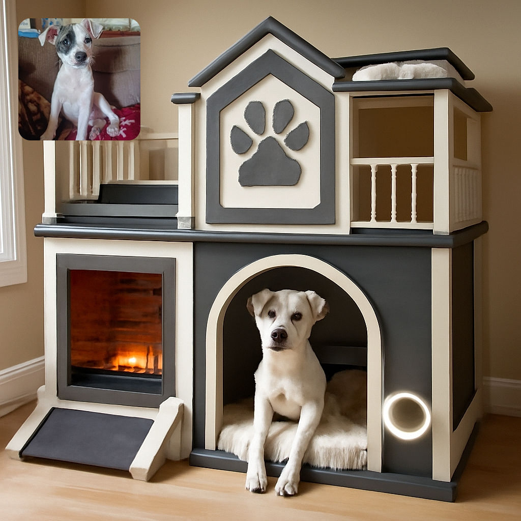 A cute puppy with a black patch over one eye sits on a cozy couch covered with blankets. The background shows some household items slightly out of focus, making the puppy the clear star of this warm, homey snapshot.