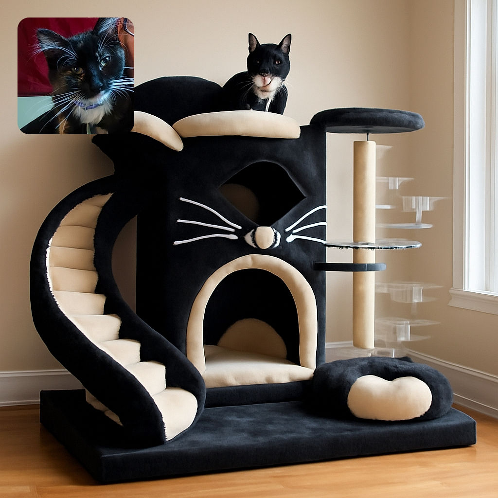 A close-up photo of a black and white tuxedo cat with prominent white whiskers and a purple collar, partially obscuring a person's face wearing glasses in the background, set against a red backdrop.