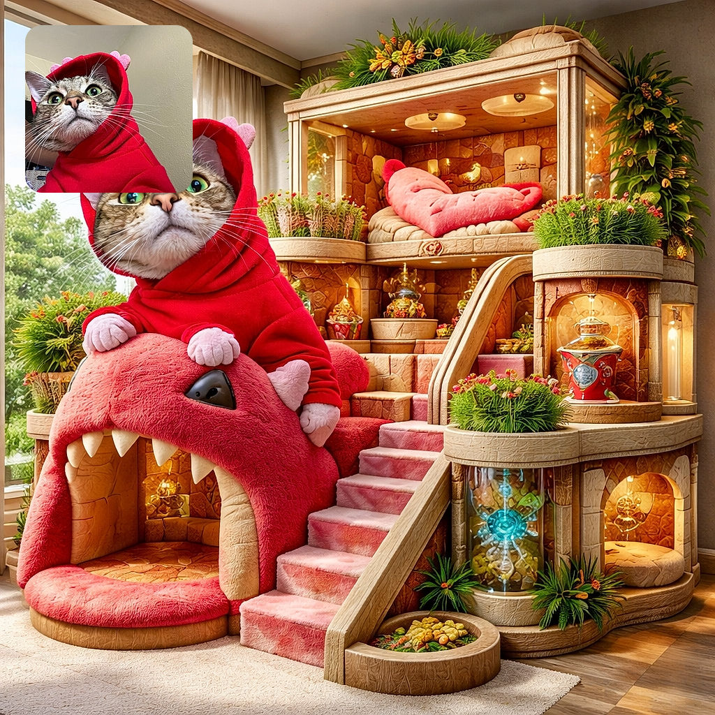 A curious cat with striking green eyes is dressed in a red hoodie with little pink ears, looking slightly bewildered but adorable, as if ready to conquer the world or just a cozy nap.