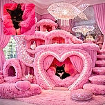 A sleek black and white cat with striking orange eyes peeks out from a sea of vibrant, fluffy pink blankets, looking both cozy and mischievous in its plush pink fortress.