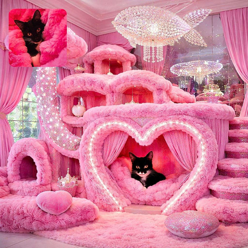 A sleek black and white cat with striking orange eyes peeks out from a sea of vibrant, fluffy pink blankets, looking both cozy and mischievous in its plush pink fortress.