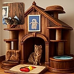 A curious tabby cat perches on a surface surrounded by blue and white ceramic jars and a cat-shaped ceramic figure, set against a rustic wooden wall with a framed picture of a statue in the background. The cat's wide eyes suggest it's ready to pounce or investigate something off-camera.