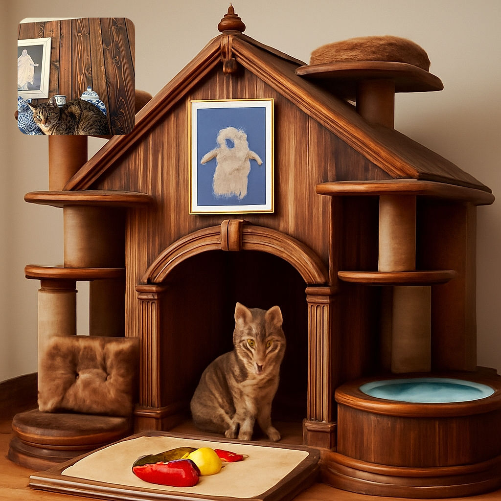 A curious tabby cat perches on a surface surrounded by blue and white ceramic jars and a cat-shaped ceramic figure, set against a rustic wooden wall with a framed picture of a statue in the background. The cat's wide eyes suggest it's ready to pounce or investigate something off-camera.