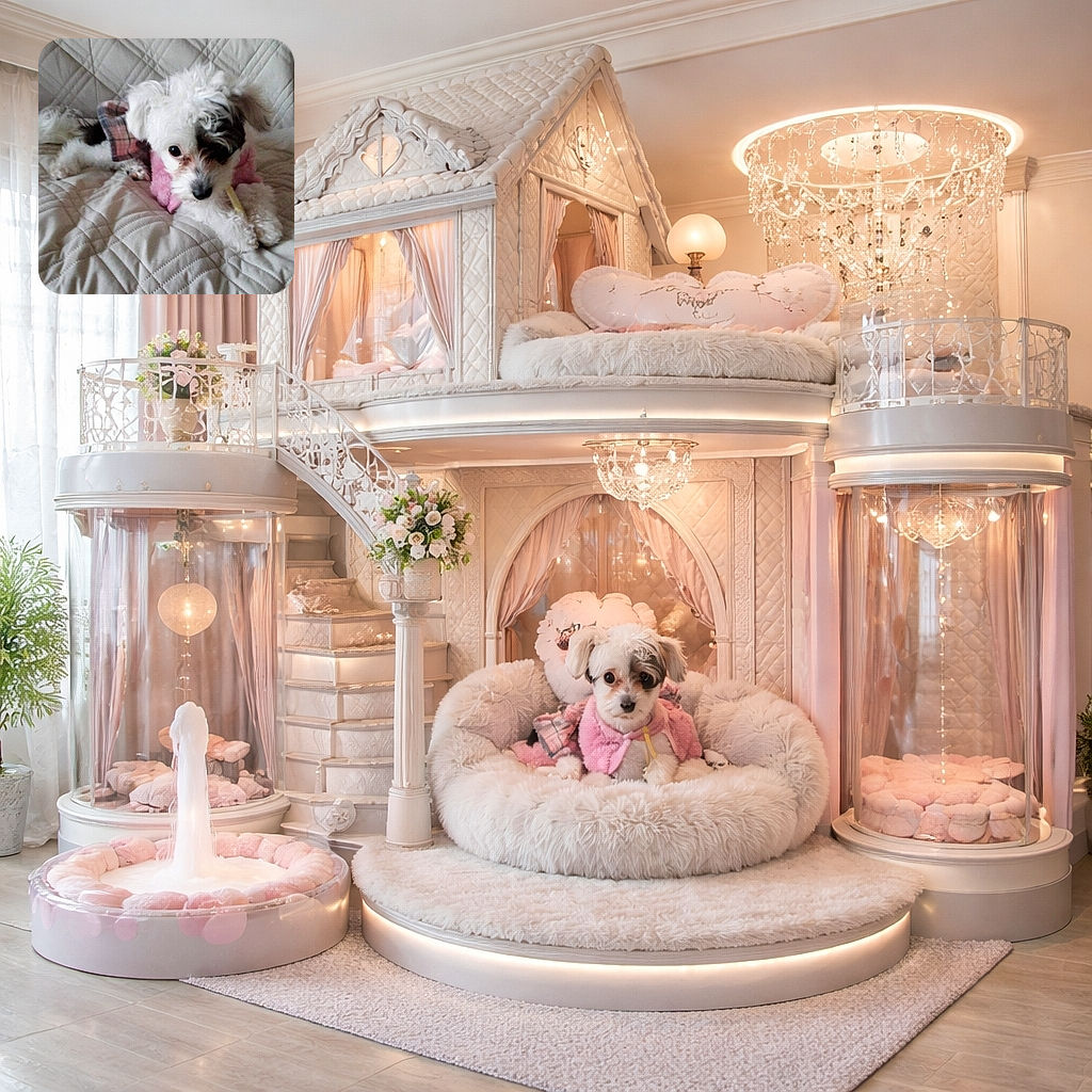 A fluffy white and black puppy wearing a pink and plaid outfit lounges adorably on a quilted beige couch, chewing on a treat with wide, curious eyes.