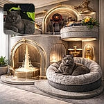 A plush, round gray cat sits like a tiny, judgmental sofa ornament — wide eyes locked on the camera, paws tucked, sprawled over a soft blanket. Neon clothing and a Red Bull sign peek from the dark background, giving this cozy chonk an unexpectedly stylish lounge.