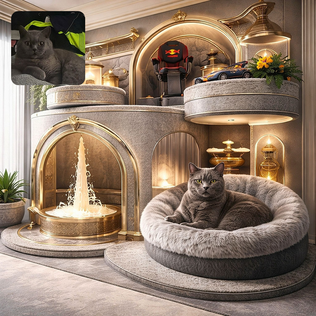 A plush, round gray cat sits like a tiny, judgmental sofa ornament — wide eyes locked on the camera, paws tucked, sprawled over a soft blanket. Neon clothing and a Red Bull sign peek from the dark background, giving this cozy chonk an unexpectedly stylish lounge.