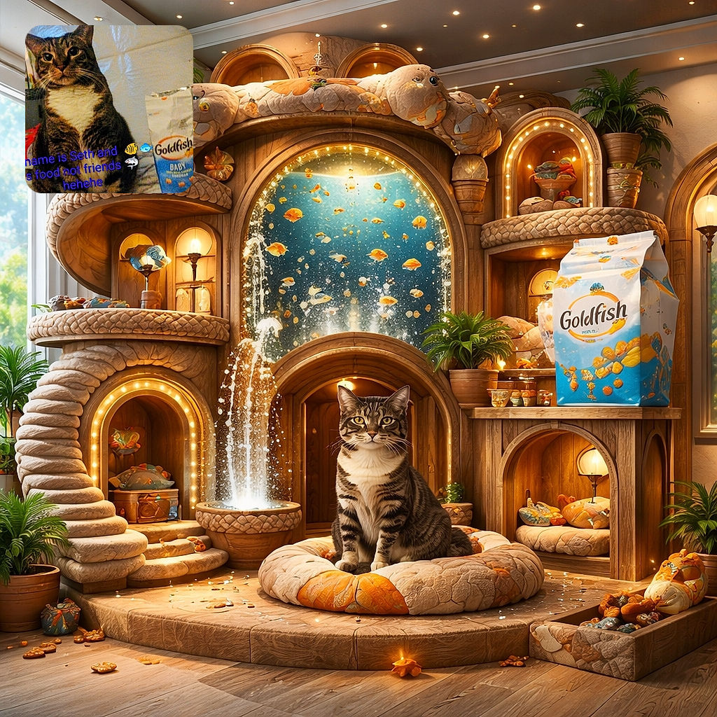 A wide-eyed tabby named Seth stares down the camera like a tiny overlord while a bag of Goldfish sits innocently to the right; big blue caption and fish emojis confess Seth's philosophy: food, not friends.