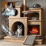 A close-up portrait of a calm cat with striking blue eyes, resting comfortably on a soft blue blanket. The background shows a cozy indoor setting with a TV and a fan slightly out of focus, highlighting the cat's serene expression and detailed fur texture.