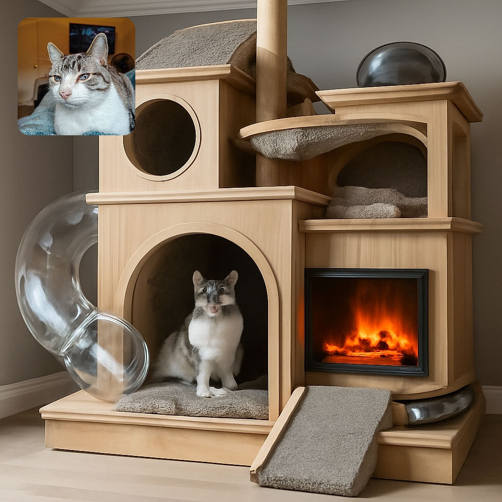 A close-up portrait of a calm cat with striking blue eyes, resting comfortably on a soft blue blanket. The background shows a cozy indoor setting with a TV and a fan slightly out of focus, highlighting the cat's serene expression and detailed fur texture.
