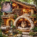 A majestic floof of a tabby cat is lounging like royalty under a tangle of roots and leaves, giving the camera a slow, unimpressed stare while its whiskers fan out like tiny antennae.