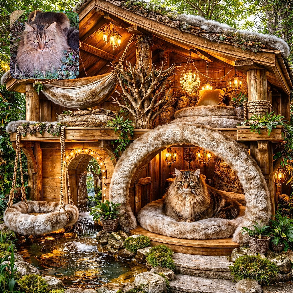 A majestic floof of a tabby cat is lounging like royalty under a tangle of roots and leaves, giving the camera a slow, unimpressed stare while its whiskers fan out like tiny antennae.