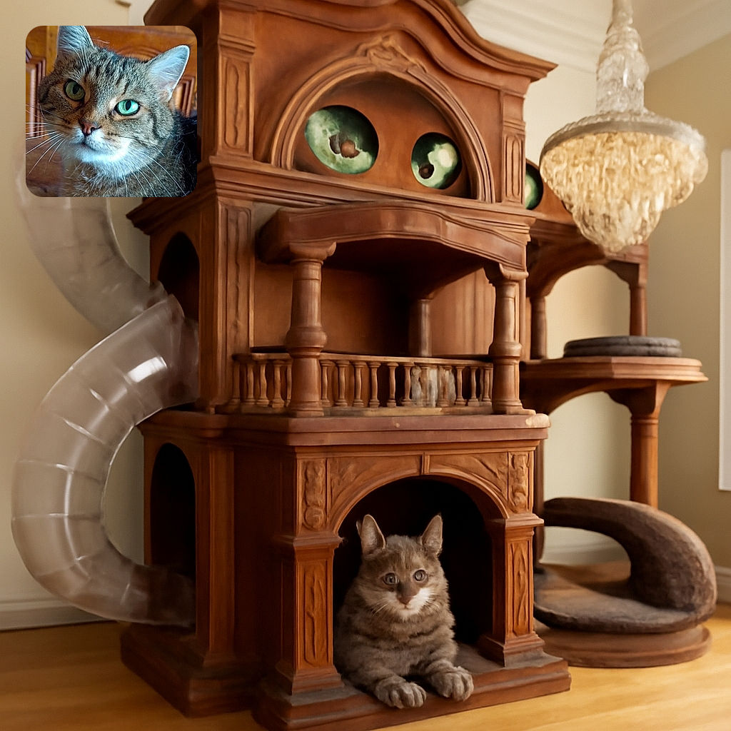 A close-up portrait of a tabby cat with striking green eyes, its whiskers and fur in sharp focus against a warm wooden background, giving the impression of a curious and wise feline pondering the mysteries of life.