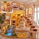 A fluffy ginger cat lounges like a tiny celebrity in a pink bow tie, gazing dramatically at the camera from a cloud of blankets while a heart-shaped plush toy and a sweet love note complete the cozy romance scene.