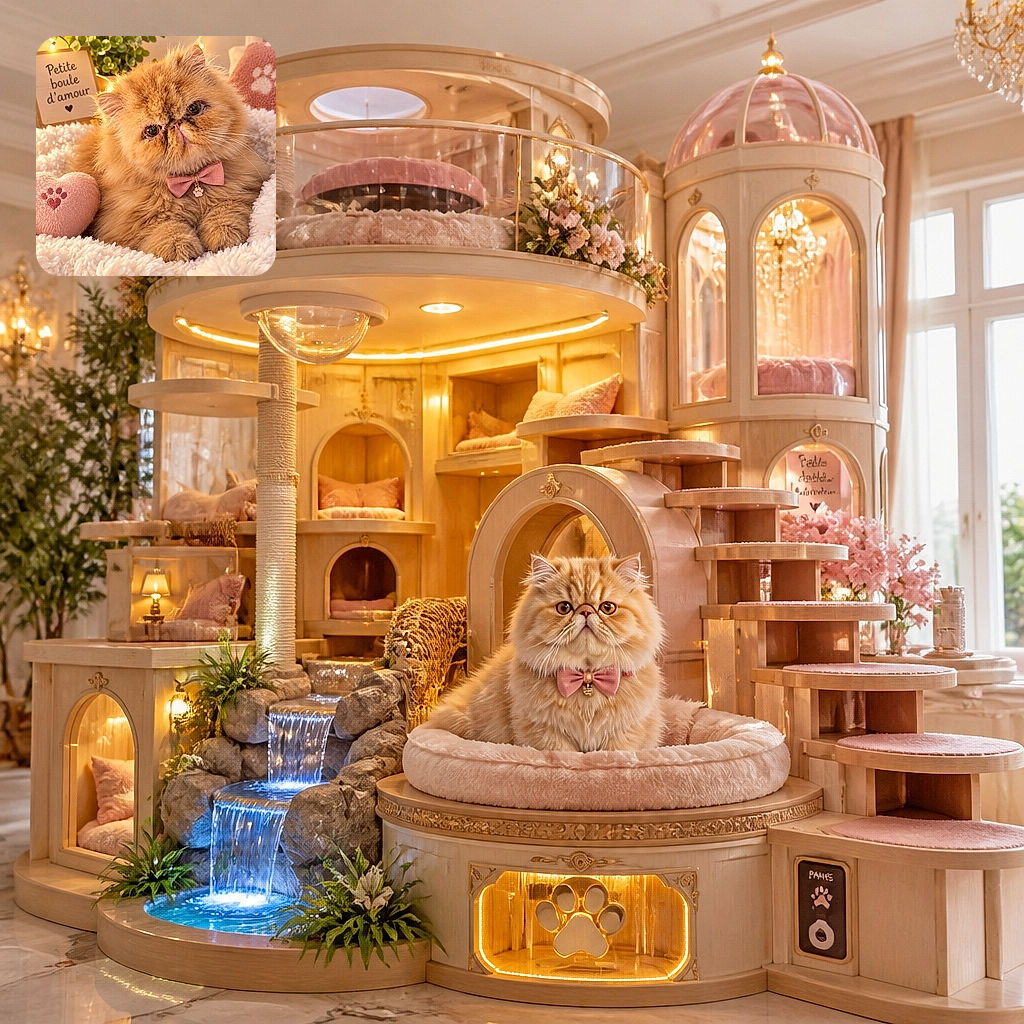 A fluffy ginger cat lounges like a tiny celebrity in a pink bow tie, gazing dramatically at the camera from a cloud of blankets while a heart-shaped plush toy and a sweet love note complete the cozy romance scene.