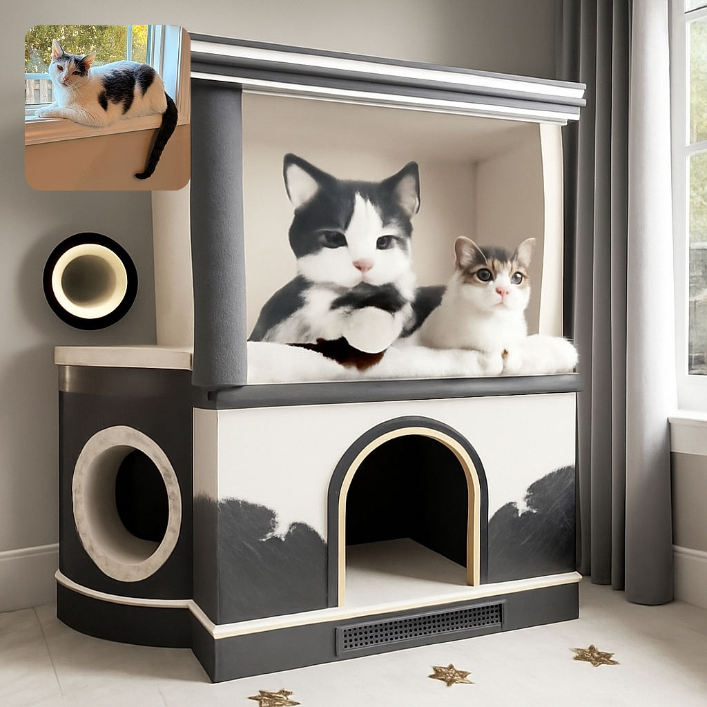 A relaxed black and white cat lounges gracefully on a sunny windowsill, gazing curiously with half-closed eyes as the warm afternoon light filters through the glass and highlights its soft fur. The cozy indoor setting contrasts with the blurred leafy greenery outside, making this feline the undisputed king of window naps.