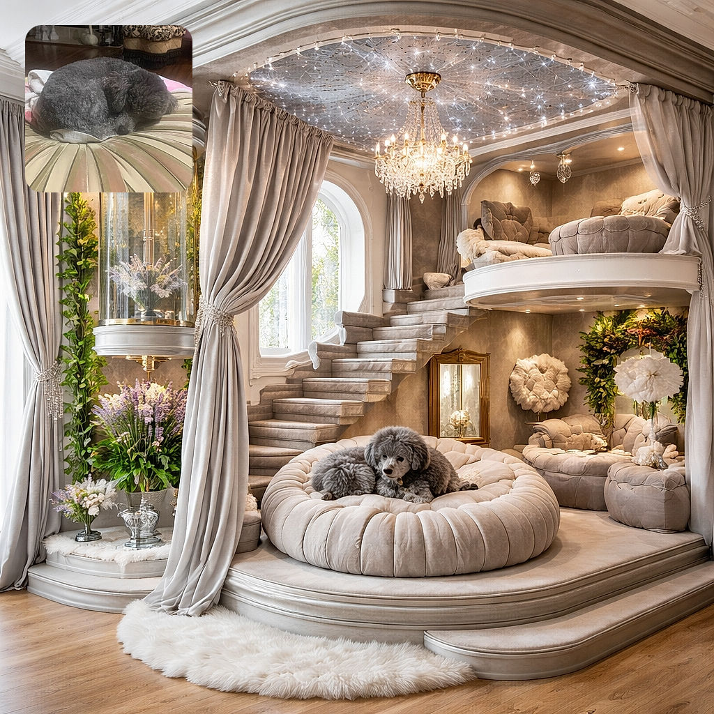 A perfect gray fluff-donut: a small curly-haired dog curled into a near-perfect ball on a striped round cushion, with a patterned ottoman and pink chair in the background — looks like the pup is auditioning to be indoor décor.