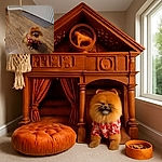A fluffy Pomeranian dog wearing a festive red and black checkered shirt with white Santa faces sits attentively on a wooden floor near a gray rug and vertical blinds, looking ready for holiday fun.
