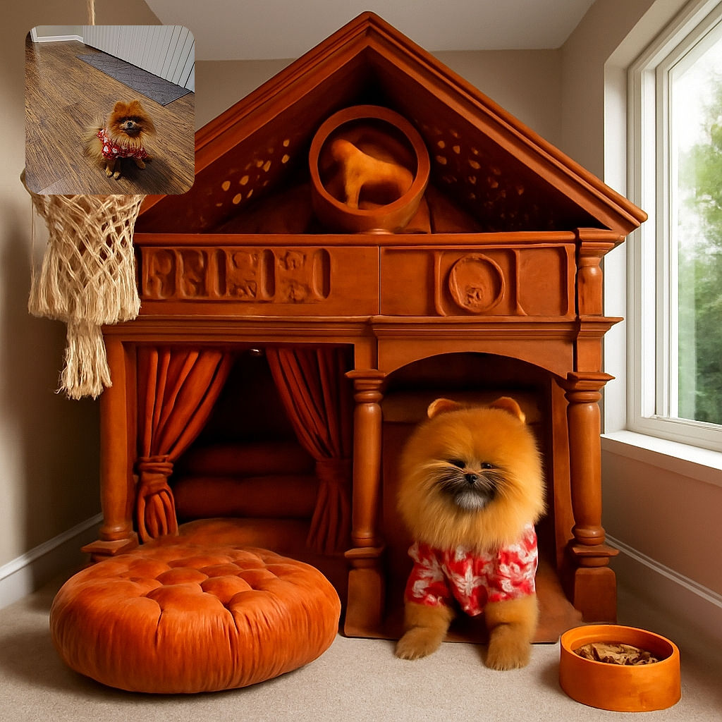 A fluffy Pomeranian dog wearing a festive red and black checkered shirt with white Santa faces sits attentively on a wooden floor near a gray rug and vertical blinds, looking ready for holiday fun.