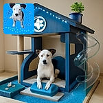 A cute white and black puppy with striking blue eyes appears to float against a vibrant blue background adorned with glowing lights, star patterns, and a four-leaf clover graphic, giving a whimsical and magical vibe.